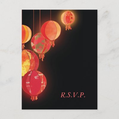 Exotic Red Chinese lanterns designed on custom Wedding Reply Postcards