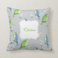 Cute Exotic Birds and Ditsy Floral Pattern Throw Pillow