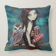 Cute Fairy and Owl Fantasy Art Pillow