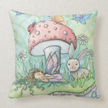 Cute Fairy Bunny and Mushroom Girls Throw Pillow