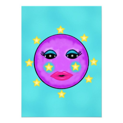 Cute Fantasy Purple Moon Face Stars Birthday Custom Announcements
