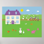 Cute Farm Animals &amp; House Poster
