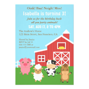 Cute Farm Barnyard Animal Birthday Party Personalized Announcement