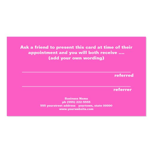 Cute Faux Silver Sequins Pink Cosmetology Referral Business Cards (back side)