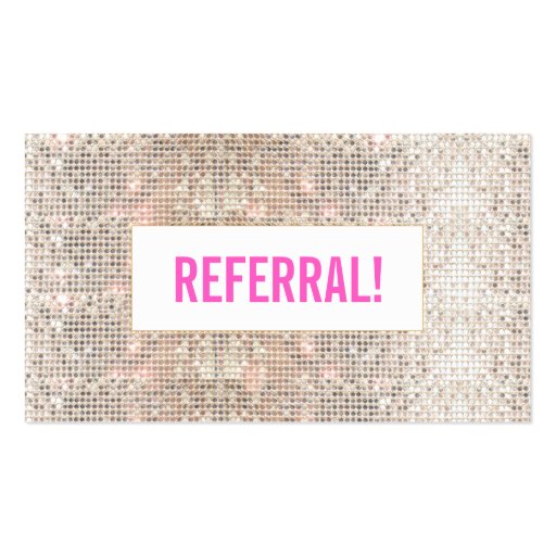 Cute Faux Silver Sequins Pink Cosmetology Referral Business Cards (front side)