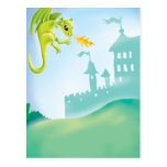 cute fiery dragon and castle scene post card