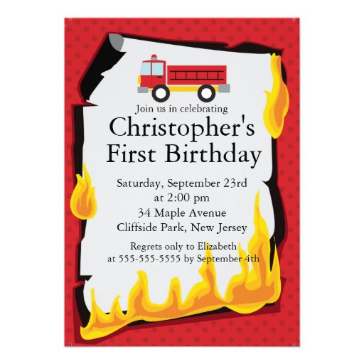 Cute Firetruck fireman Birthday Party Custom Announcement