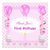 Cute First Birthday 1st Girl Pink Balloons Cupcake Custom Announcement