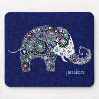 Cute Floral Elephant Blue Damask Background Mouse Pad