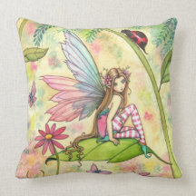 Cute Flower Fairy and Ladybug in Garden Pillow