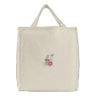 basic_tote_bag - This reusable canvas tote bag has an embroidery design of a swirl with flowers and a butterfly flying around.  The colors used are pink, green, and white.