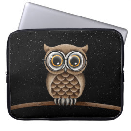 Cute Fluffy Brown Owl with Reading Glasses & Stars Laptop Sleeves