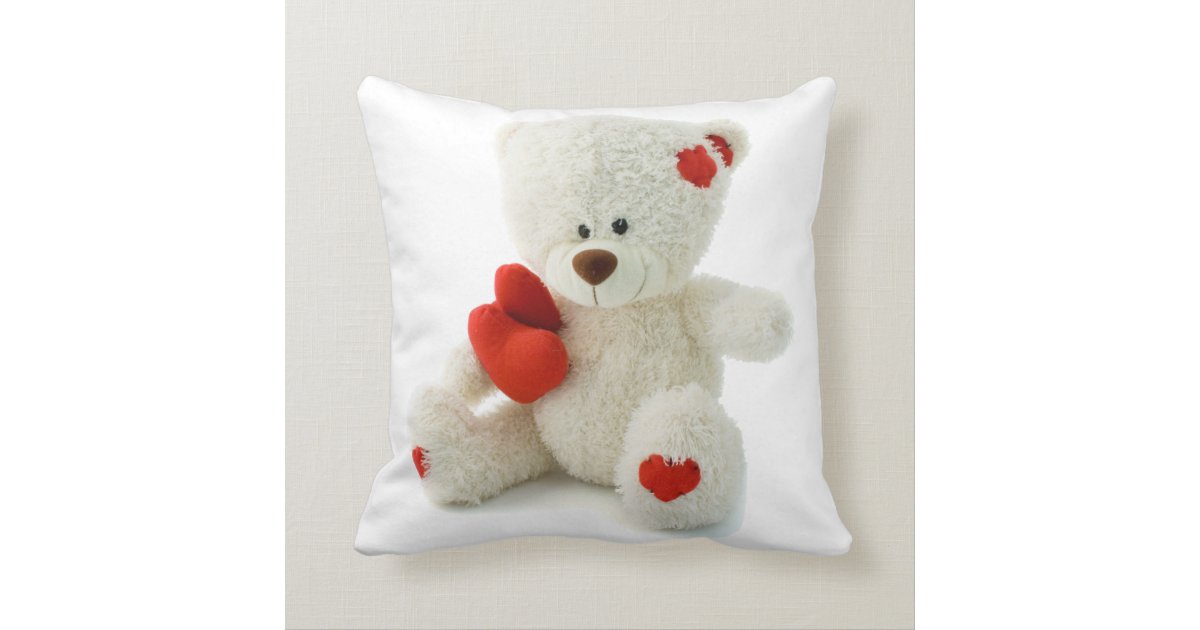 Cute Fluffy White Teddy Bear With a Heart Pillow Zazzle
