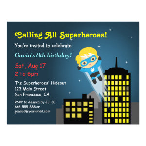 Cute Flying Superhero Birthday Party Announcements