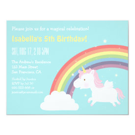 Cute Flying Unicorn Rainbow Girls Birthday Party Invitations