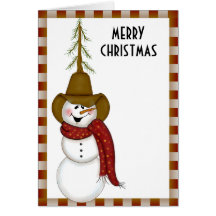 Cute Folk Art Cowboy Snowman Christmas Cards