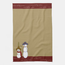 Cute Folk Art Cowboy Snowman Christmas Hand Towels