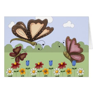 Cute Folk Butterflies and Flowers Blank Card