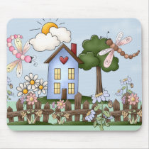 Cute Folk Country House and Picket Fence Art Mousepad