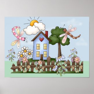 Cute Folk Country House and Picket Fence Art Poster