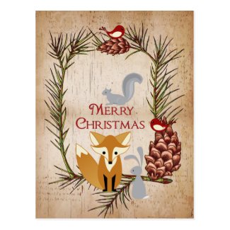 Cute Fox and Woodland Animals Merry Christmas Postcard