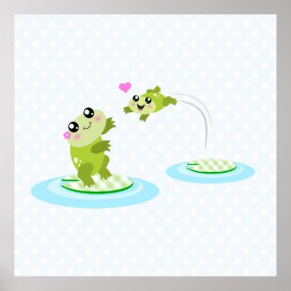 Cute frogs - kawaii mother and baby frog poster print