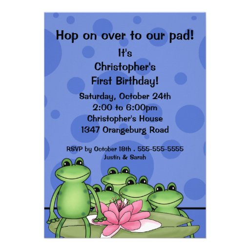 Cute Frogs on Lily Pad 1st Birthday Personalized Announcement