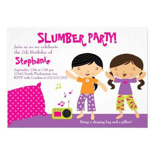 Cute fun girl's birthday slumber party invitation (front side)