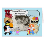 Cute funny cartoon animals on blue greeting card