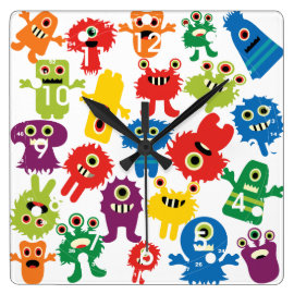 Cute Funny Colorful Monsters Pattern Square Wall Clock