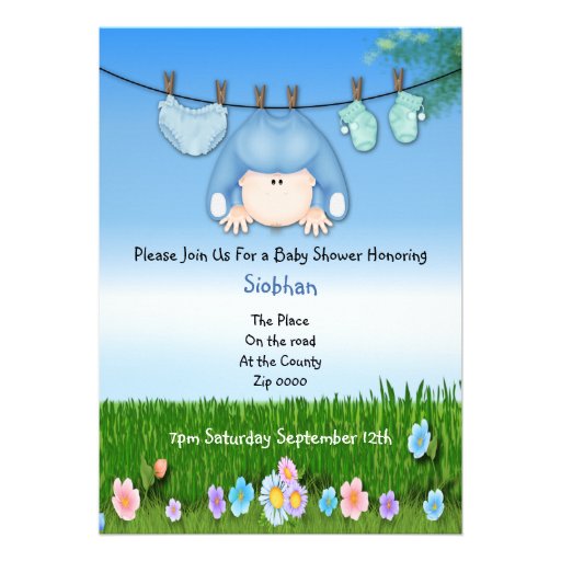 Cute Funny Washing Line Baby Boy Shower Custom Invitations (front side)