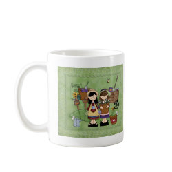 Cute Gardenscene with Girls & Flowers mug
