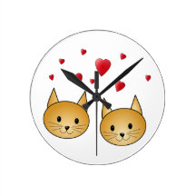 Cute Ginger cats. With Red Love Hearts. Round Clock