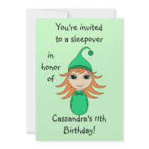 Cute ginger pajama girl chibi in green sleepover personalized invitations