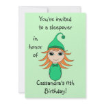 Cute ginger pajama girl chibi in green sleepover personalized invitations