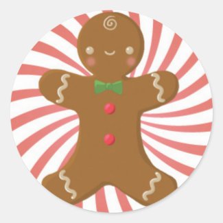Cute Gingerbread Man on Red Swirl.jpg Round Stickers