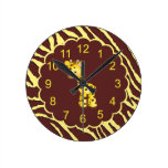 Cute Giraffe & Brown & Yellow Animal Print Round Wallclock