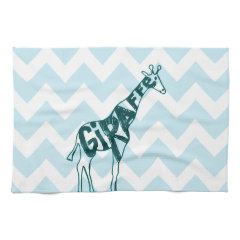 Cute Giraffe Hand Drawn Sketch on Blue Chevron Towels