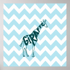 Cute Giraffe Hand Drawn Sketch on Blue Chevron Print