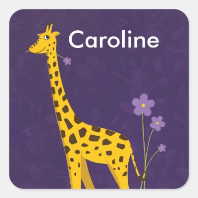 Cute Giraffe Holding Purple Flowers Customizable Square Sticker