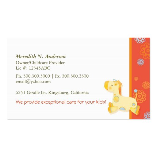 Cute Giraffes Childcare Daycare Baby Business Business Cards (back side)