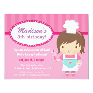 Cute Girl Chef Cooking Baking Birthday Party Personalized Invitation Card