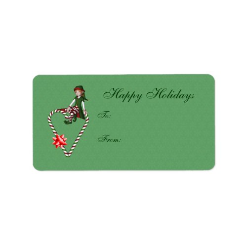 Cute Girl Elf Candy Cane Heart Holiday Gift Tag label