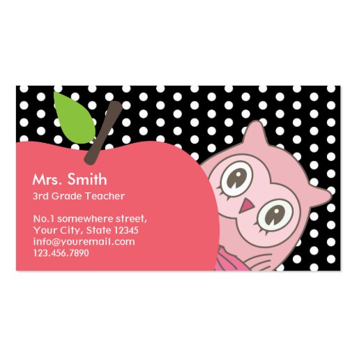 Cute Girl Owl & Apple Tutor/Teacher Business Card (front side)