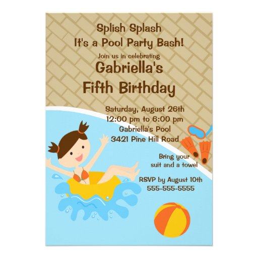 CUTE Girl Pool Party Birthday Invitation