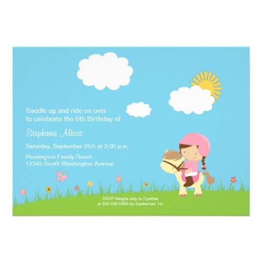 Cute girl riding a horse birthday party invitation
