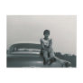 cute girl sitting on back of old car post card