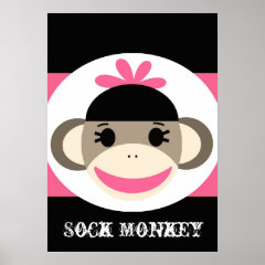 Cute Girl Sock Monkey Black Pink Stripes Poster