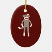 Cute Girl Sock Monkey on Red Christmas Tree Ornaments