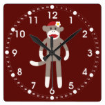 Cute Girl Sock Monkey on Red Square Wallclock